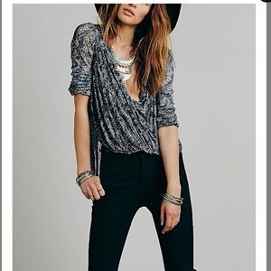 Free People High Low Off White/Black Blouse Size M